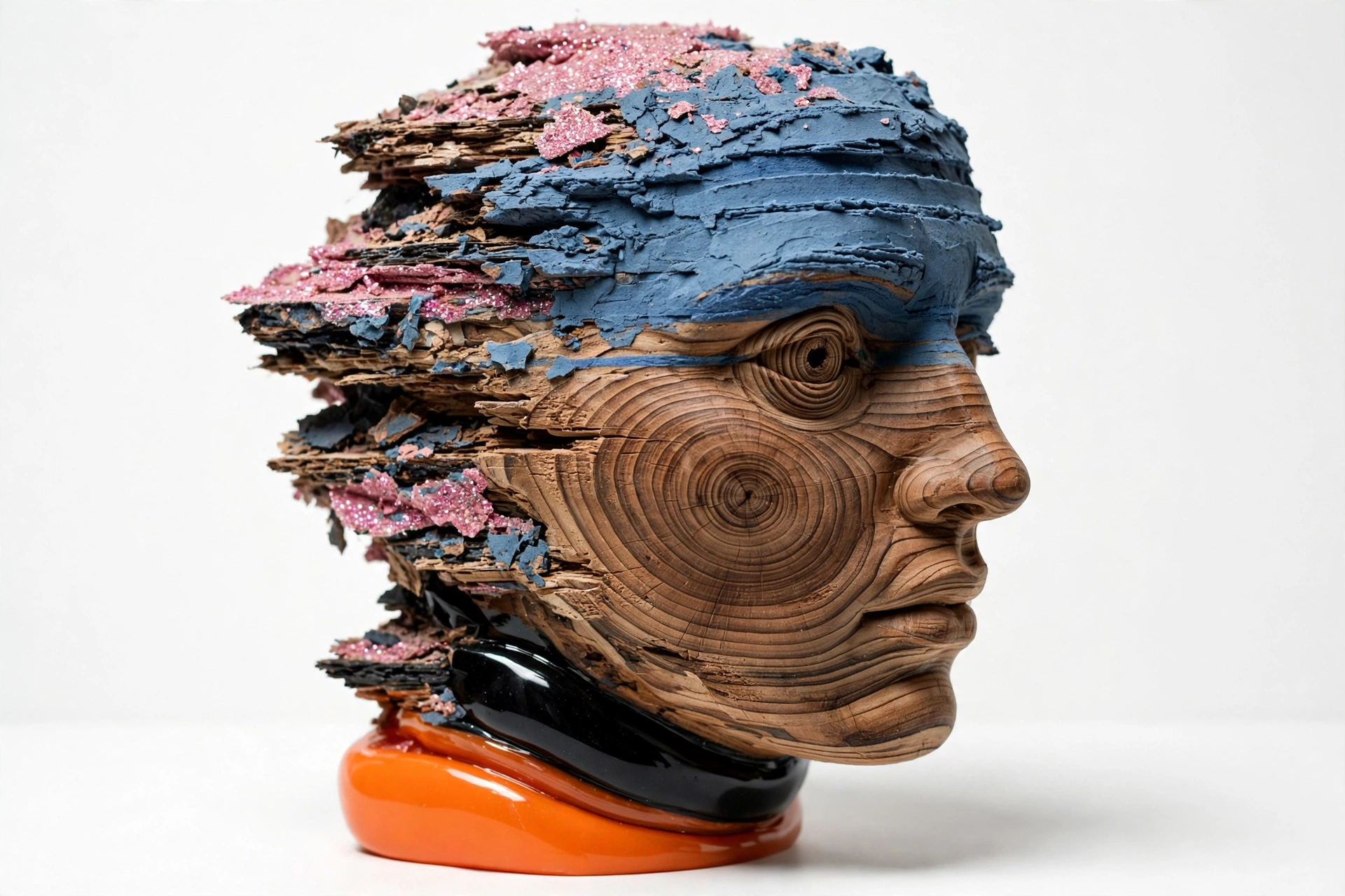 A sculptural head in profile, the face half-emerged from strata: cheek and eye in wood growth rings, the back of the head still raw layered sediment, glossy black neck, candy-orange base