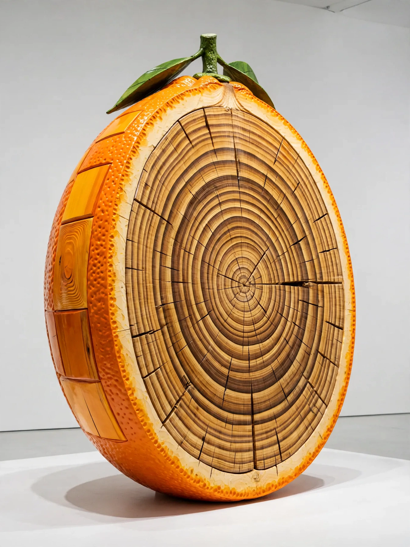 A monumental halved orange whose flesh is rendered as wood growth rings, rind like carved timber, glossy pop finish, on a white gallery background