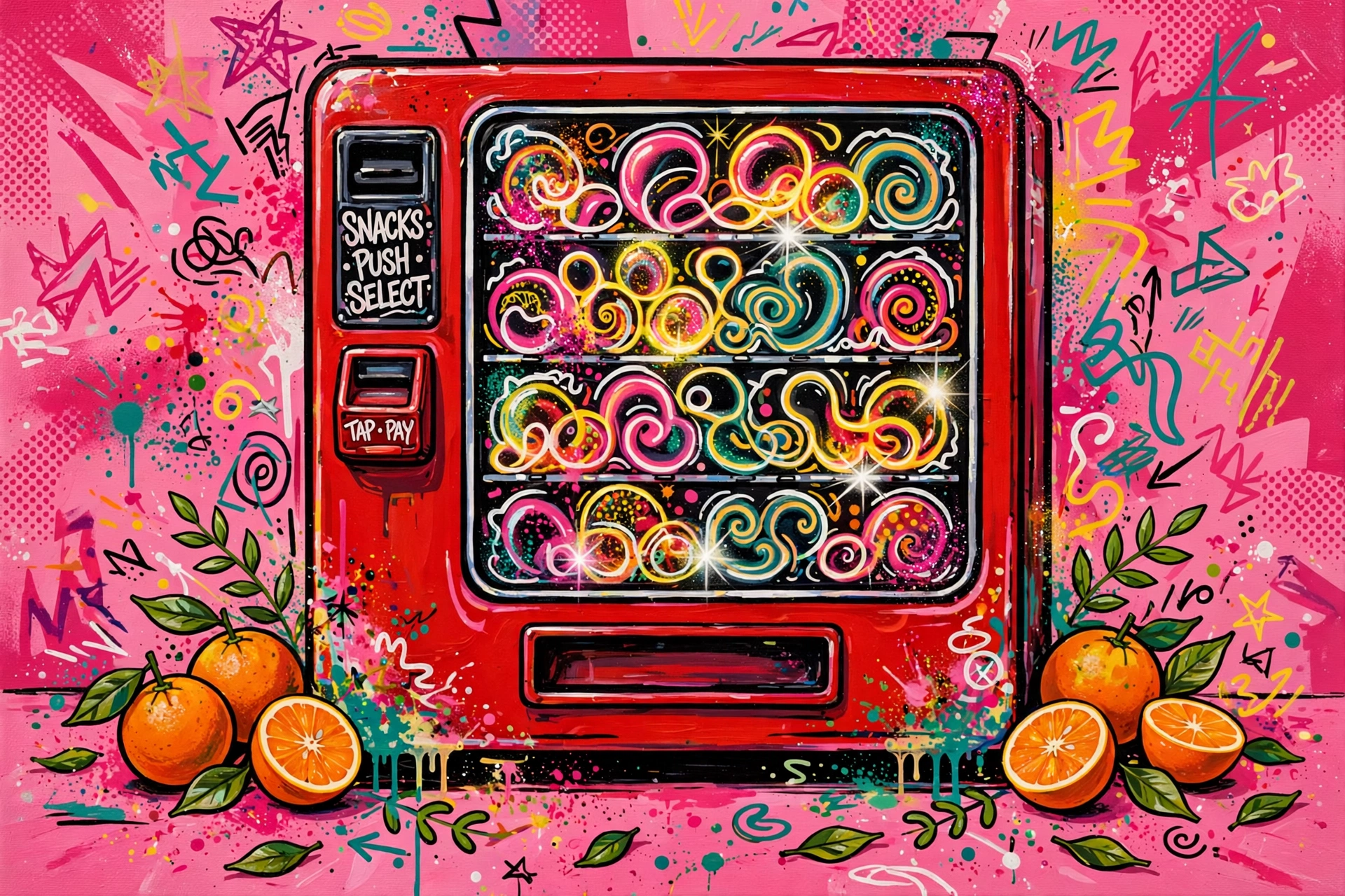 A red vending machine on a candy-pink ground flanked by oranges, its glass front filled with glowing neon cellular doodle-bubbles