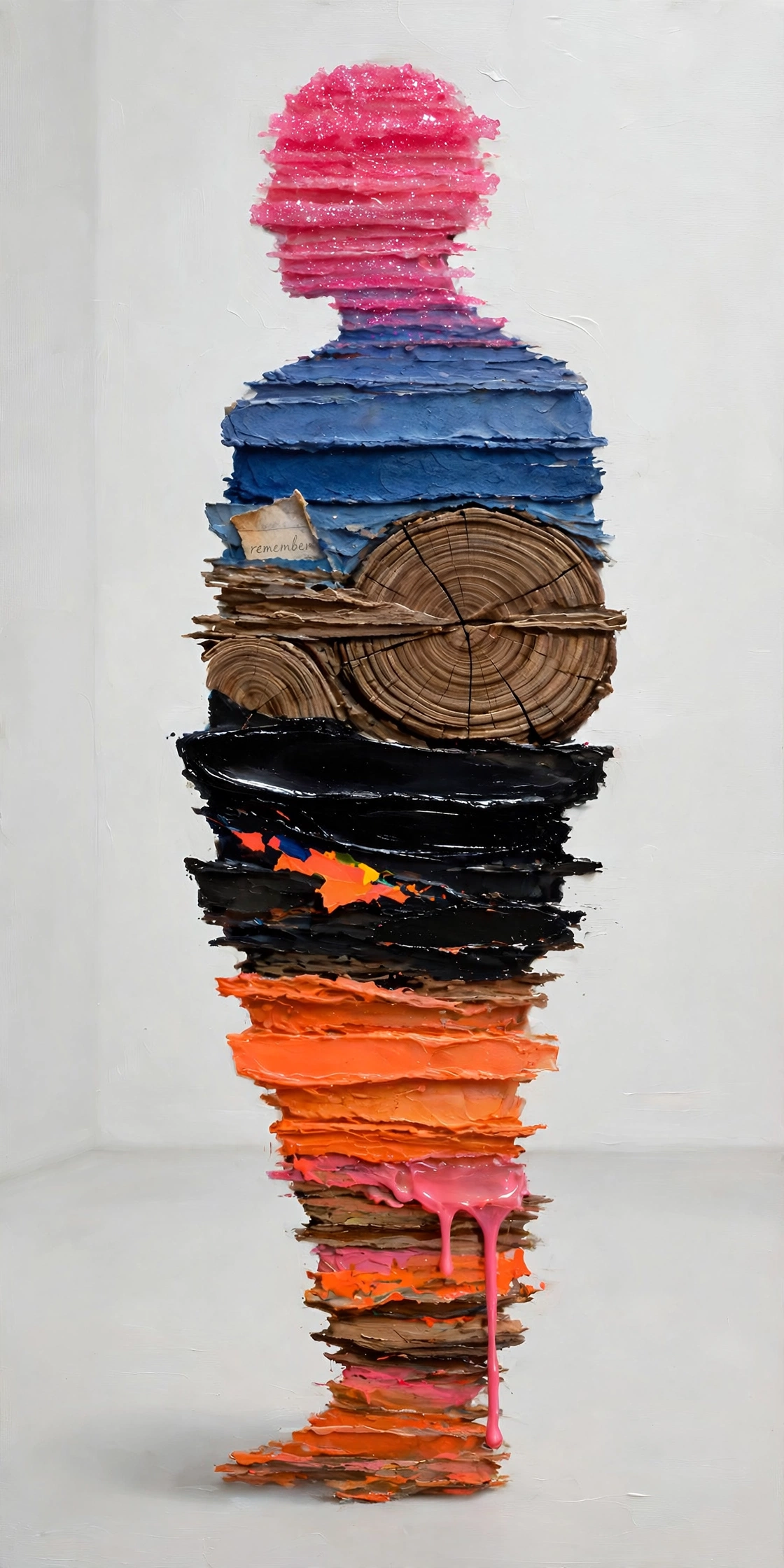 A standing silhouette in profile composed of strata: pink glitter head, ultramarine shoulders, wood growth rings at the torso with a torn fragment reading remember, glossy black, orange legs, a pink drip