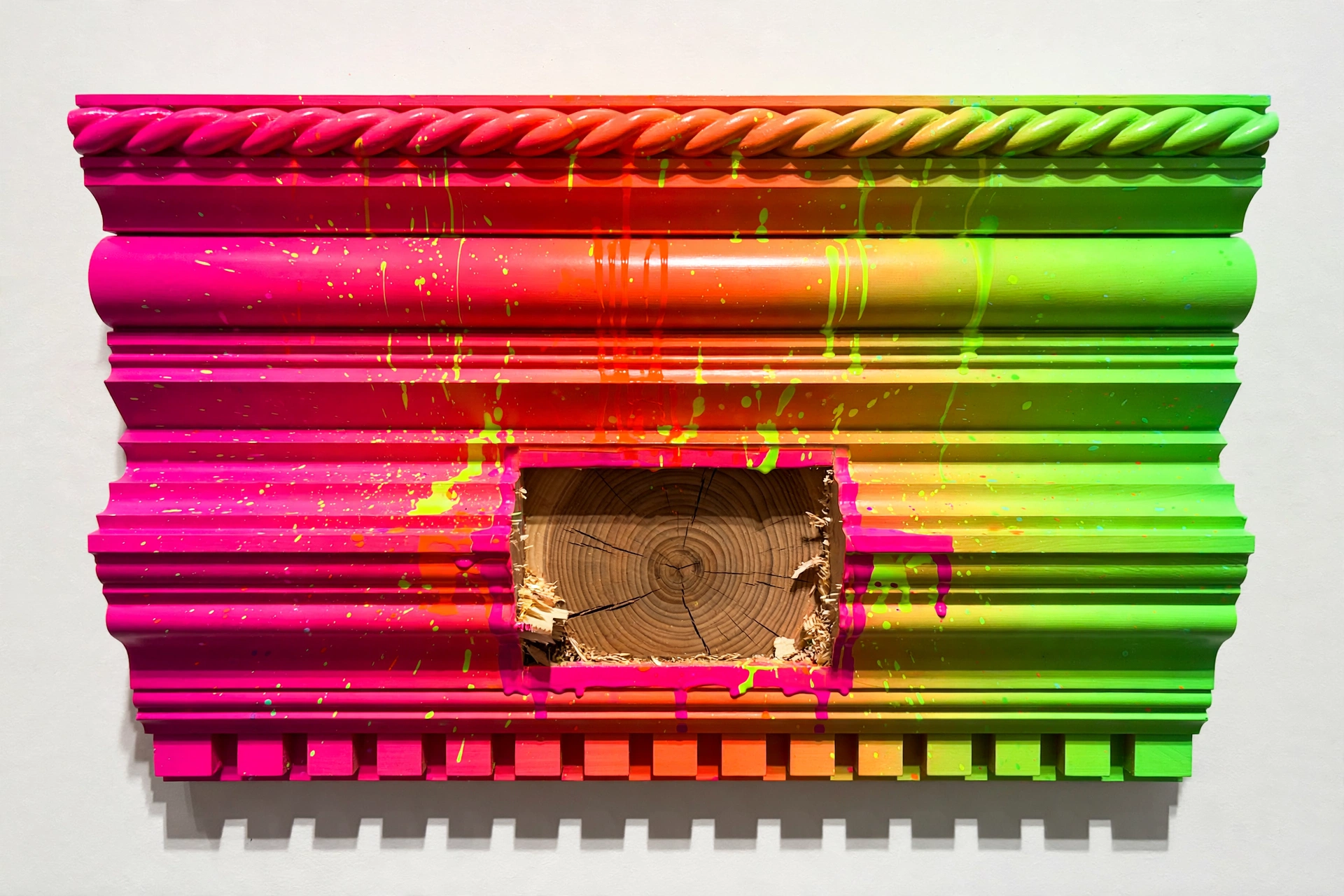A wall-mounted stack of classical crown molding profiles airbrushed in hot pink to lime neon gradients, with a cutaway at the center revealing raw wood growth rings beneath the paint